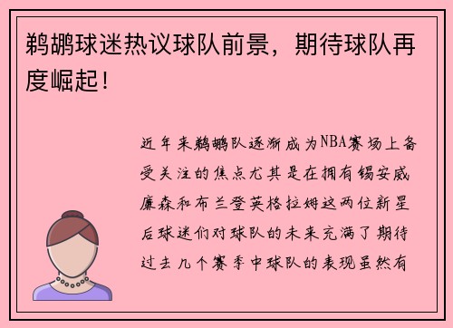 鹈鹕球迷热议球队前景，期待球队再度崛起！